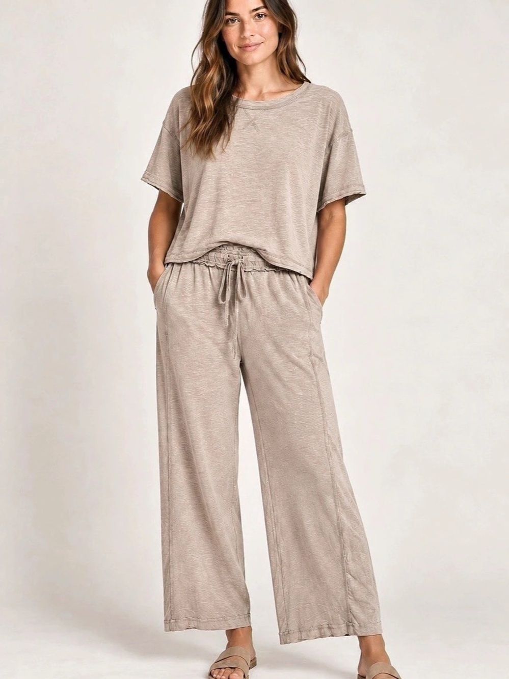 Zenana Tan Beige Cotton Wide Leg Relaxed Lounge Set